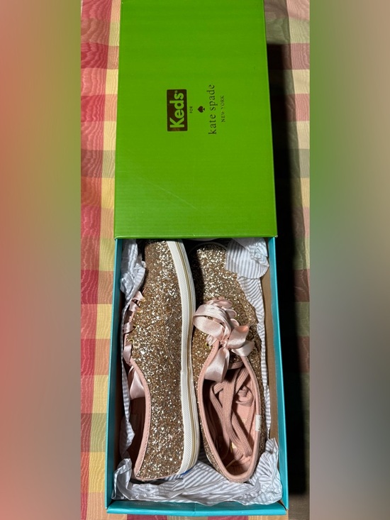 kate spade Shoes - kate spade Gold Glitter Sneakers with Pink Satin Ribbon Laces
